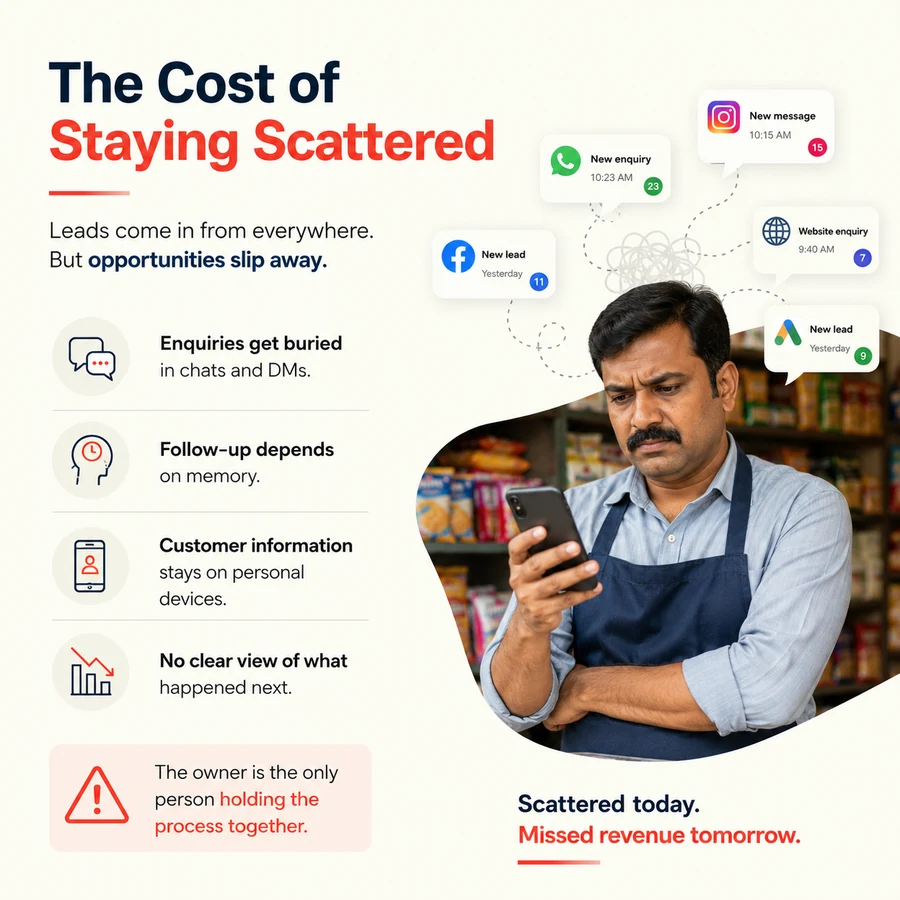 The cost of staying scattered: enquiries buried in chat threads, follow-up depending on memory, customer information stuck on personal devices, and the owner remaining the only person holding the process together.
